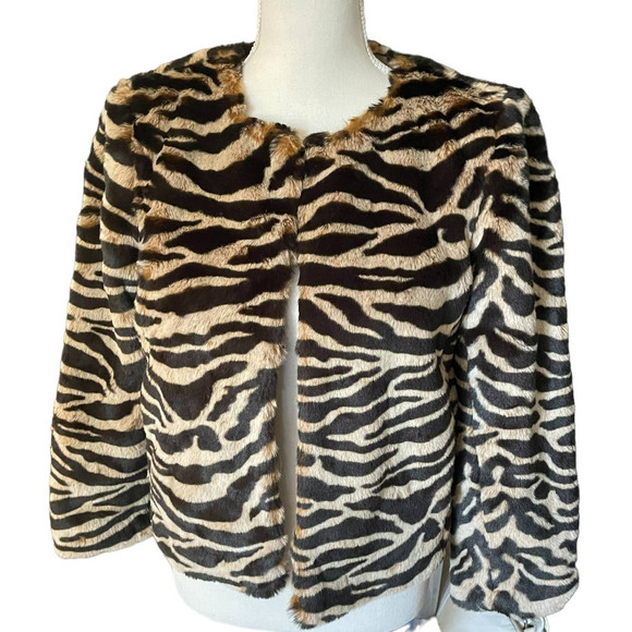 Banana Republic Womens Faux Fur Animal Print Crop Coat Jacket Size S Black - Picture 2 of 9